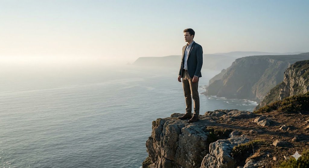 A man standing by a cliff on the coast