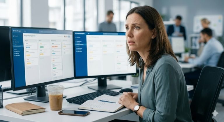 An image of a middle manager at a desk: Why mid-level managers struggle under pressure — and what actually helps them improve In most large UK organisations, the transition into management is still treated as a logical next step. High performers are promoted, given a short burst of training, and expected to lead.